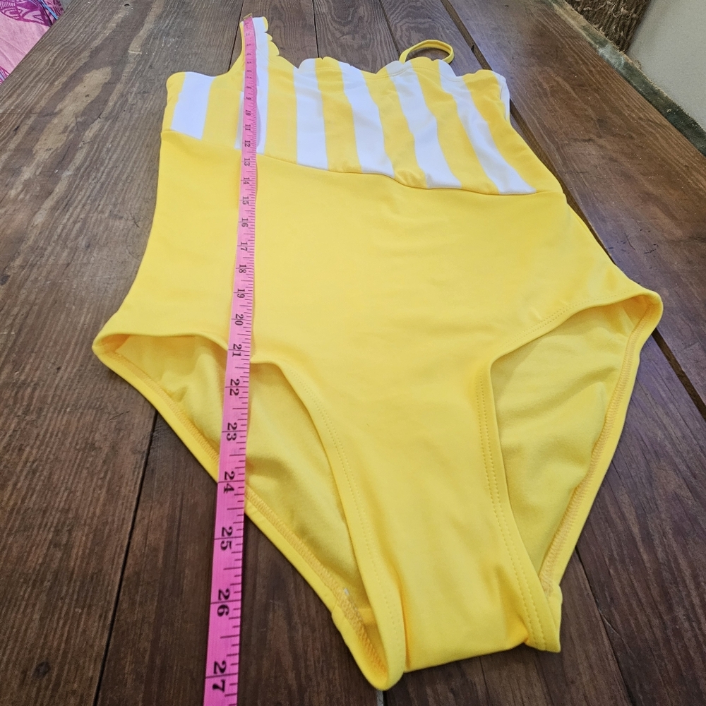 Justice Swimsuit Girls Sz 20 Yellow & White Striped One-Shoulder Scallop NWOT - Picture 3 of 10